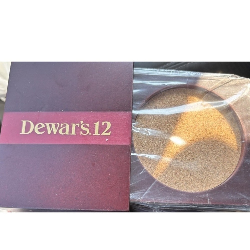 Dewar's 12 Scotch Whiskey Set of 4 Wood Cork Coasters Advertising Bar New NOS
